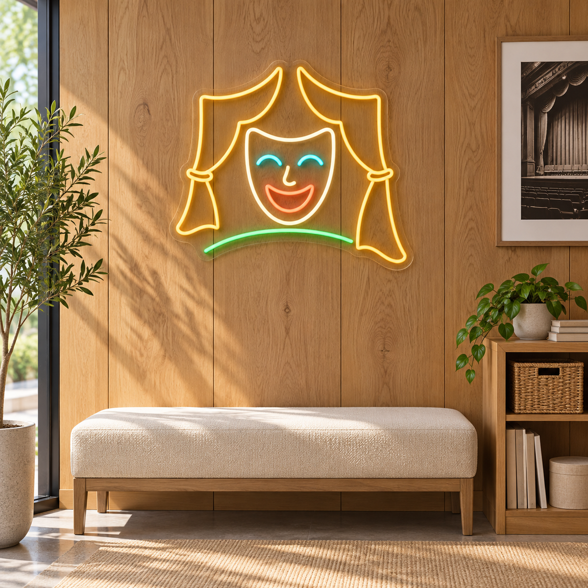 Theatre Mask & Curtains LED Neon Sign for Acting Schools - interior setting