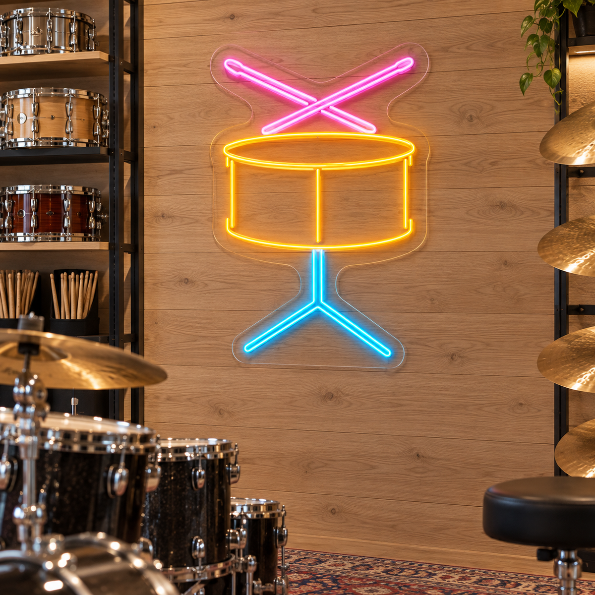 Snare Drum and Drumsticks LED Neon Sign for Drum Studios - interior setting