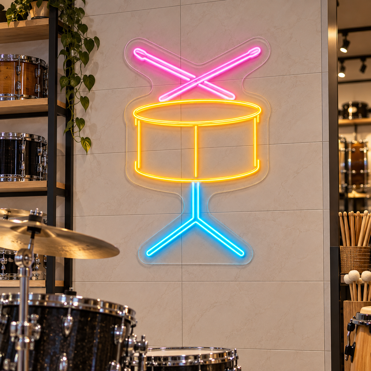 Snare Drum and Drumsticks LED Neon Sign for Drum Studios - interior setting