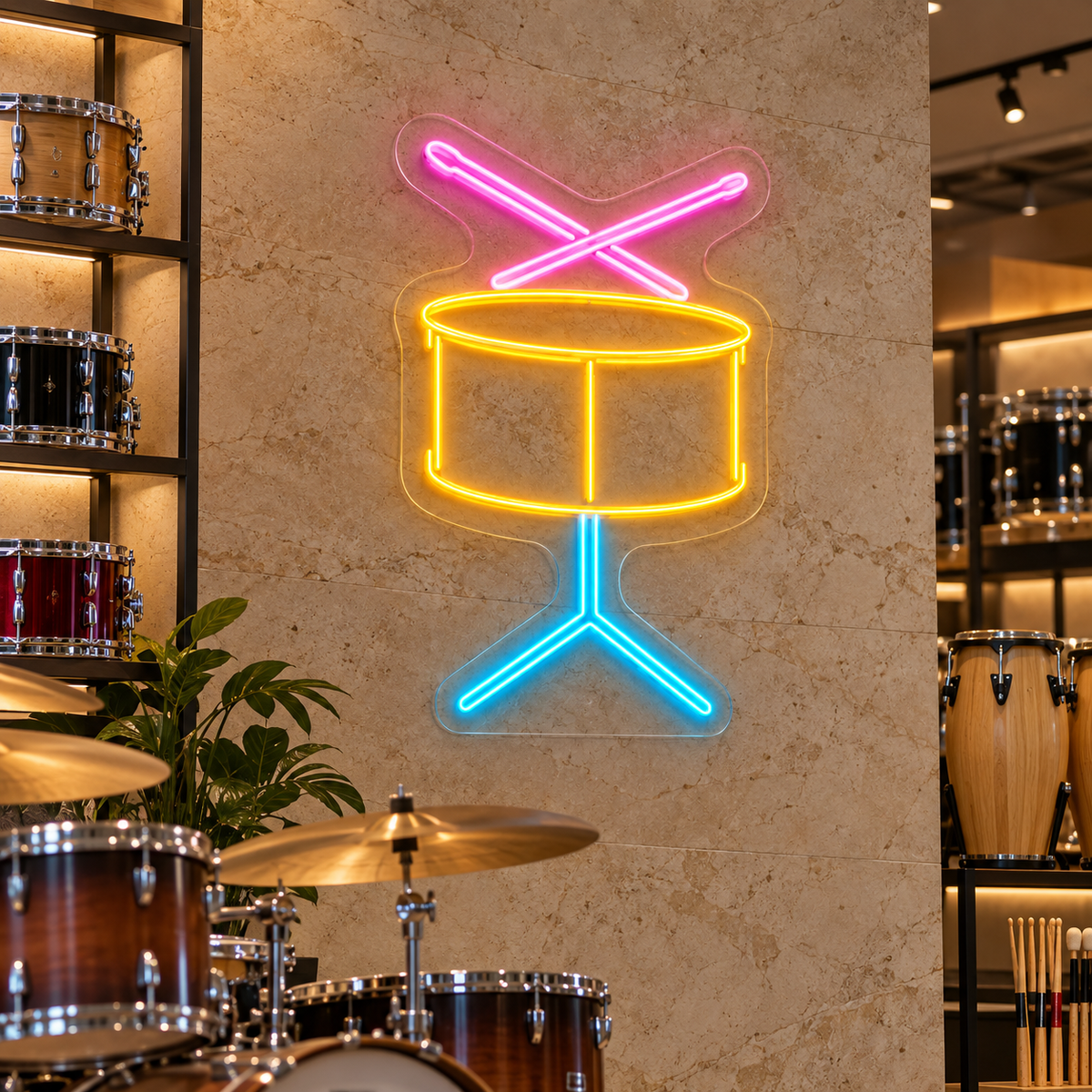 Snare Drum and Drumsticks LED Neon Sign for Drum Studios - interior setting