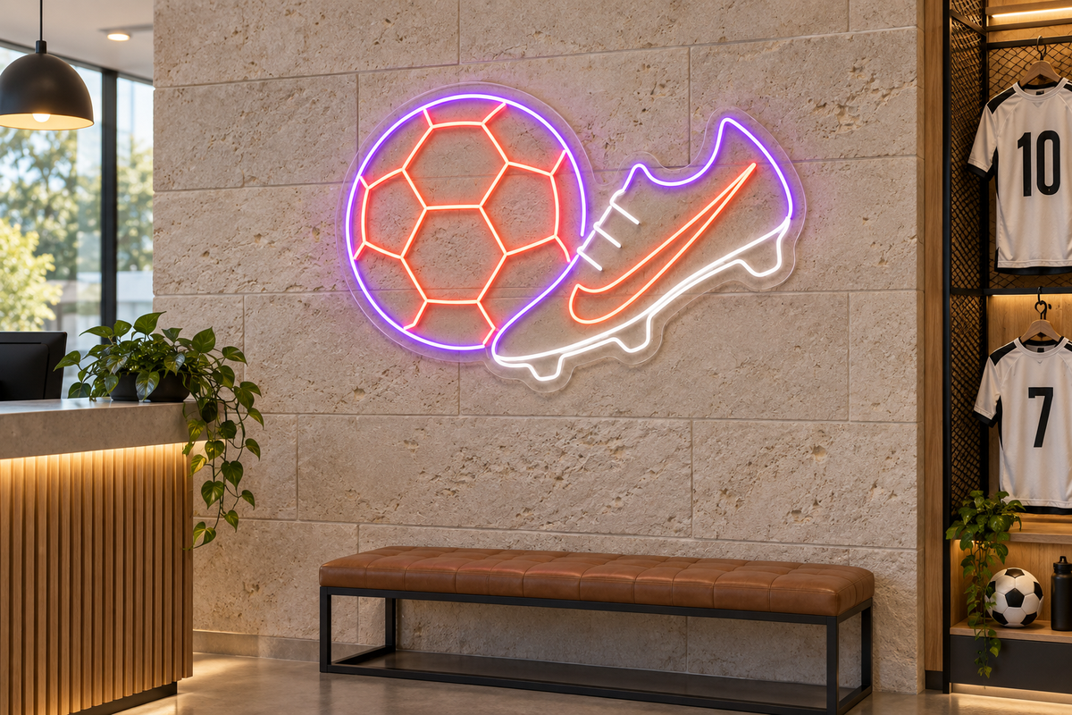 Soccer Ball and Cleat LED Neon Sign for Soccer Spaces - interior setting