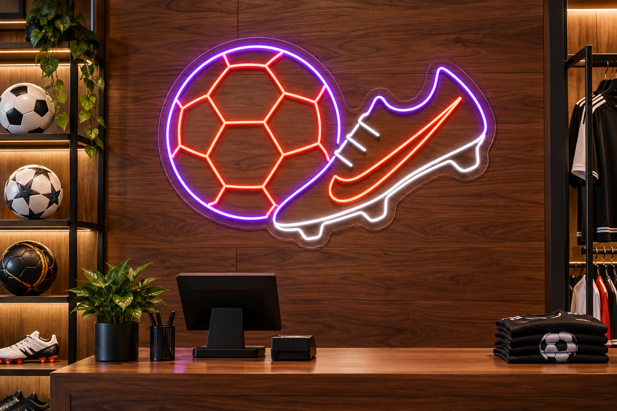 Soccer Ball and Cleat LED Neon Sign for Soccer Spaces - interior setting