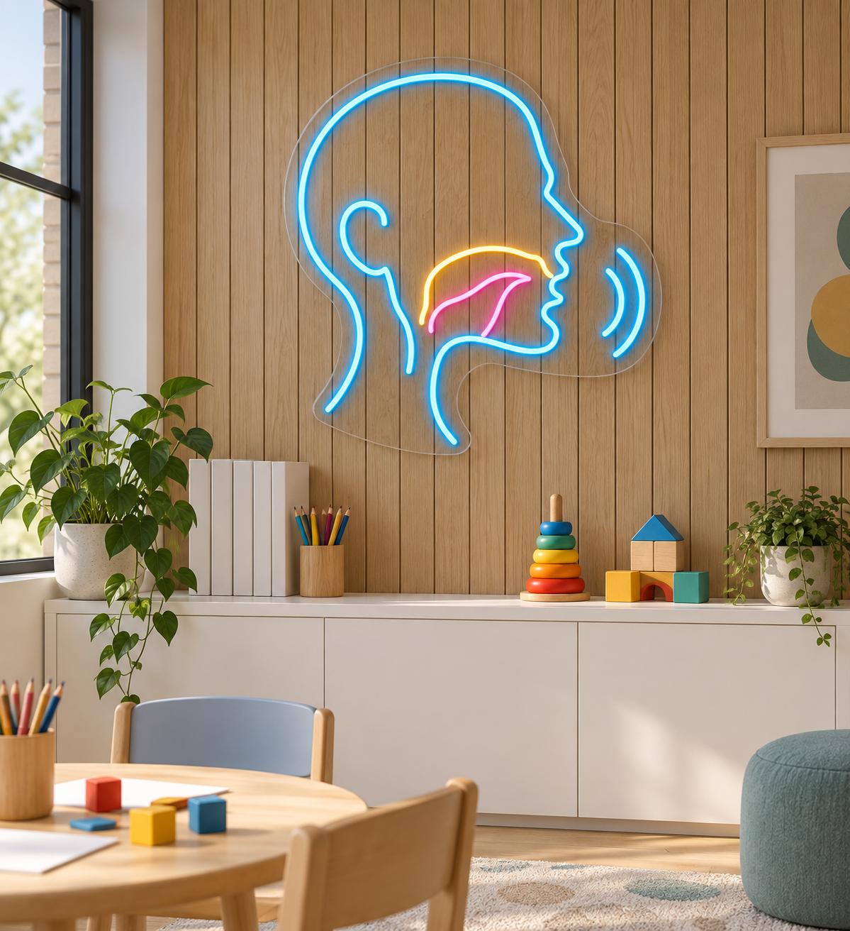 Speech & Sound Waves LED Neon Sign for Speech Therapy Clinics - interior setting