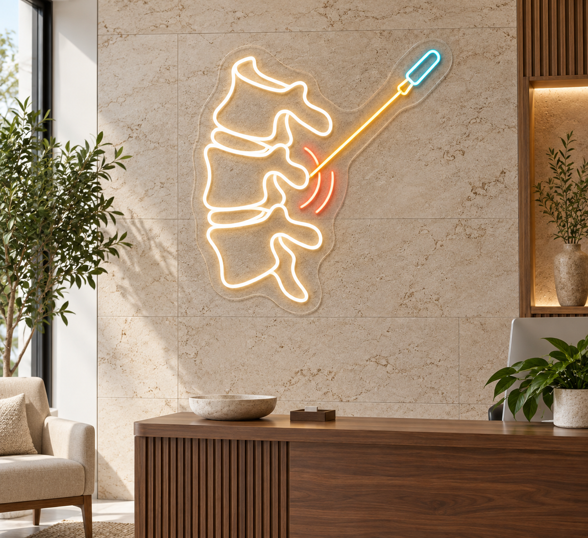 Spine & Needle LED Neon Sign for Pain Management Clinics - interior setting