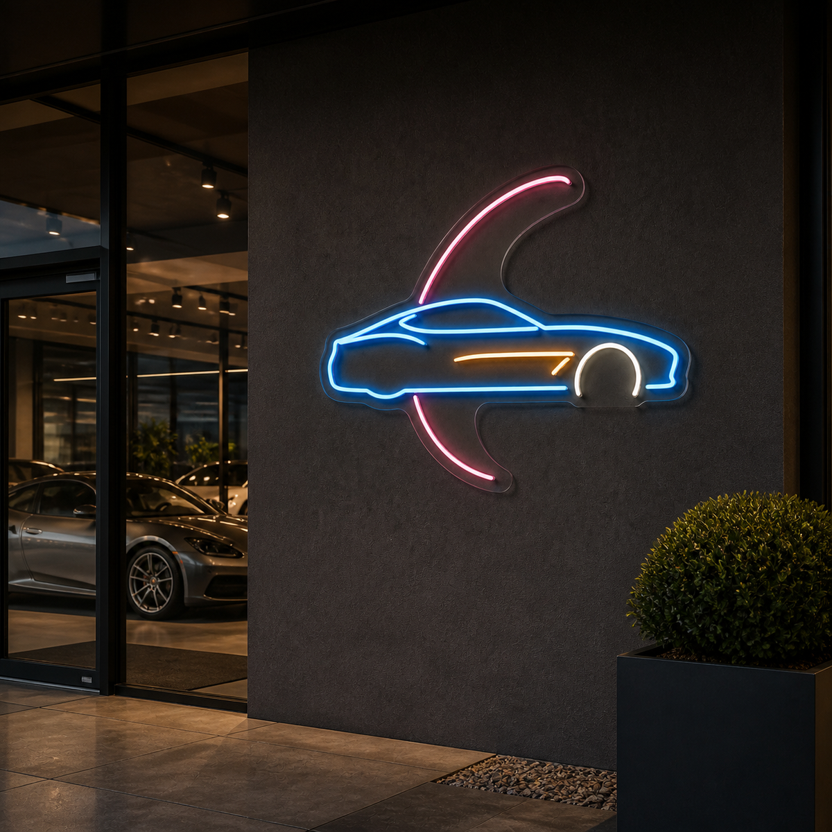 Sports Car with Sweeping Arc LED Neon Sign for Car Enthusiasts - interior setting