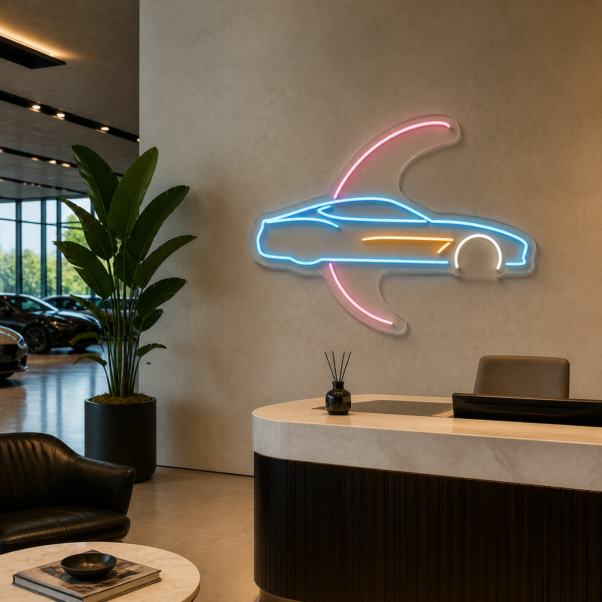 Sports Car with Sweeping Arc LED Neon Sign for Car Enthusiasts - interior setting