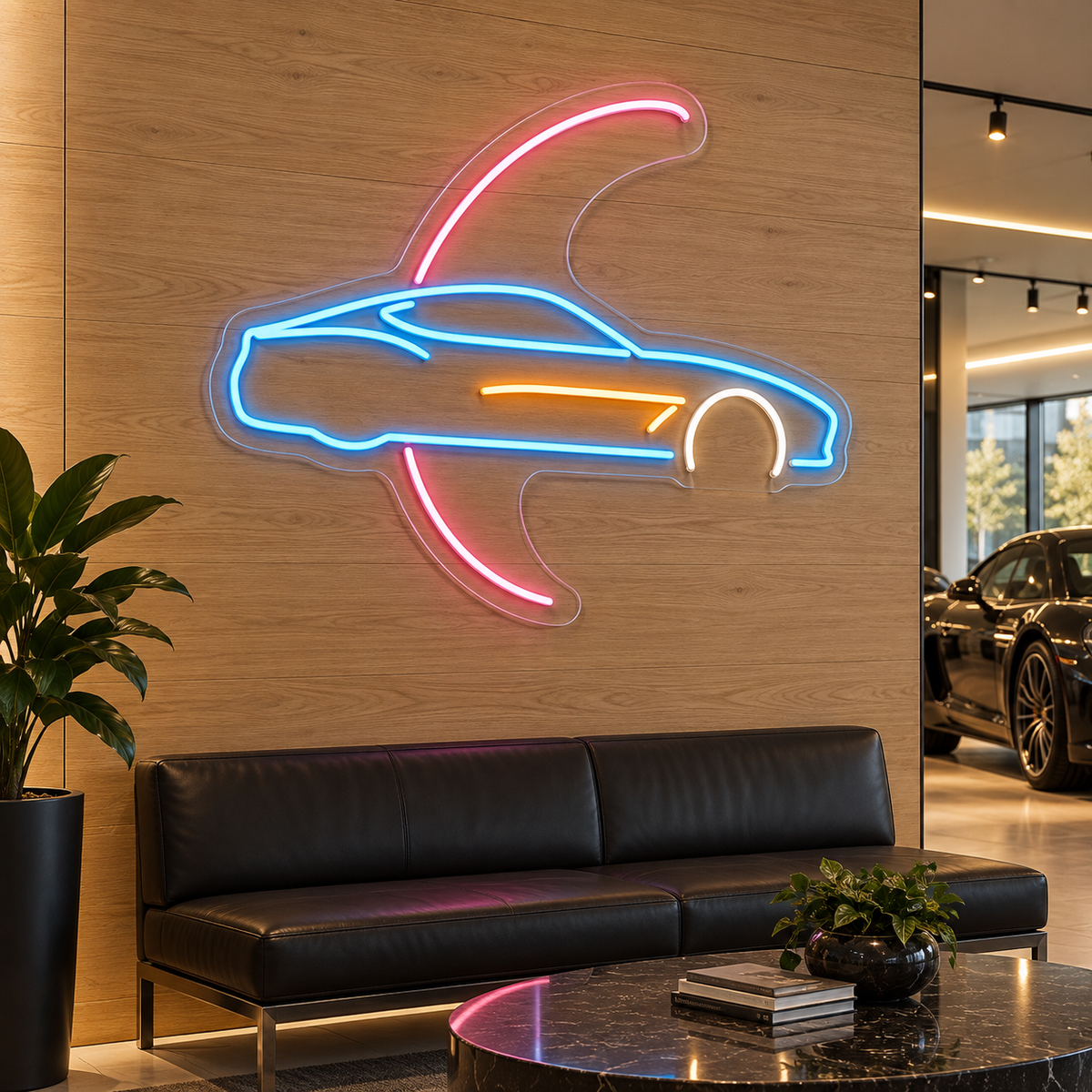 Sports Car with Sweeping Arc LED Neon Sign for Car Enthusiasts - interior setting
