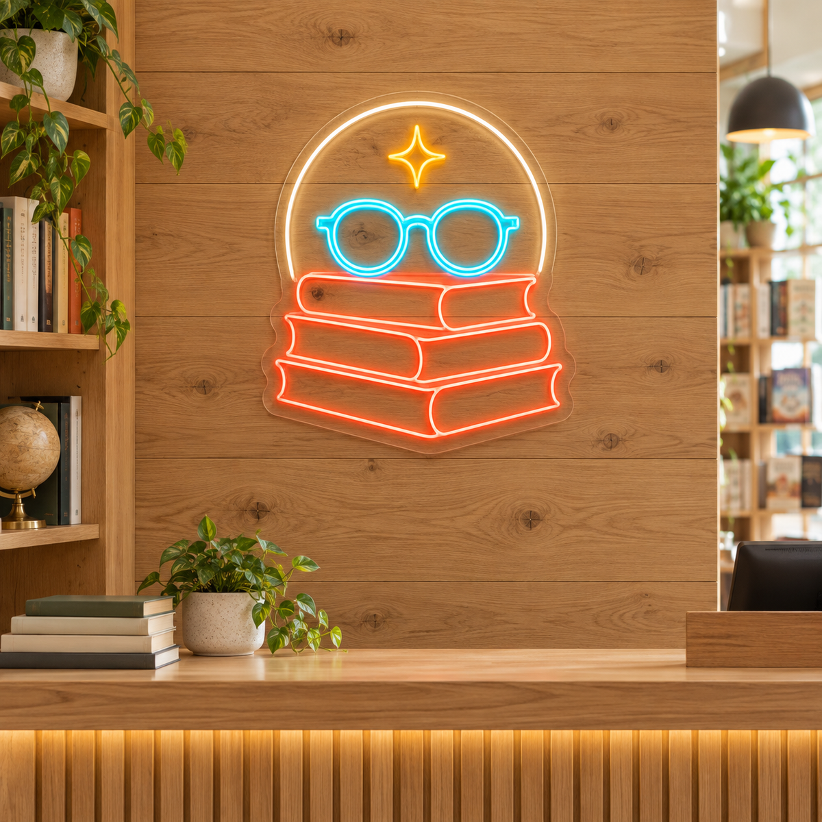 Stacked Books & Round Glasses LED Neon Sign for Libraries - interior setting