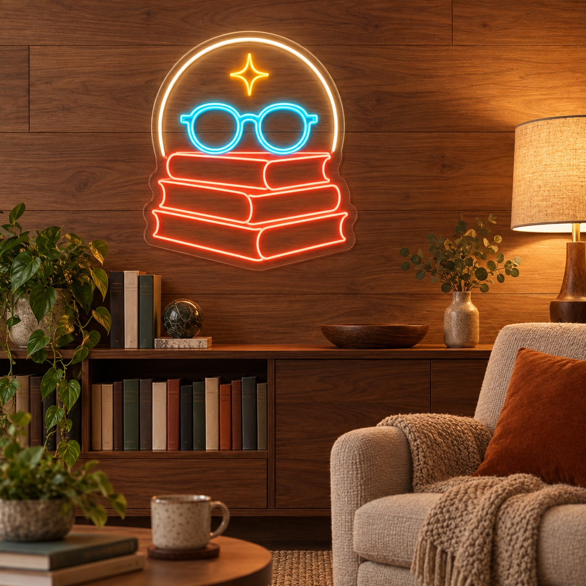 Stacked Books & Round Glasses LED Neon Sign for Libraries - interior setting