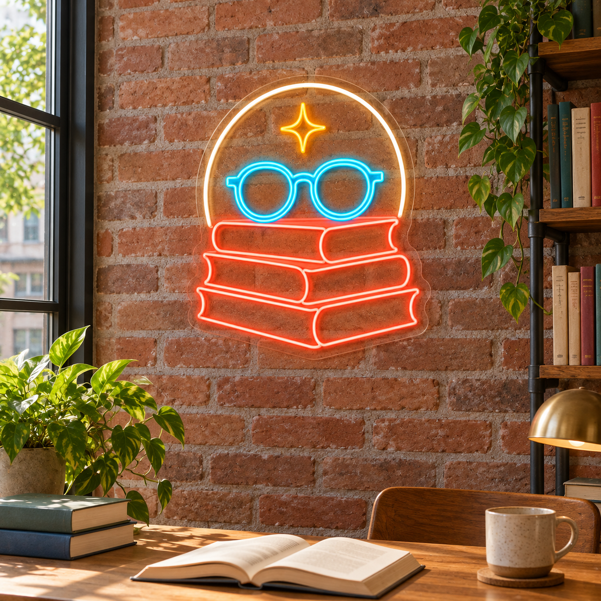 Stacked Books & Round Glasses LED Neon Sign for Libraries - interior setting