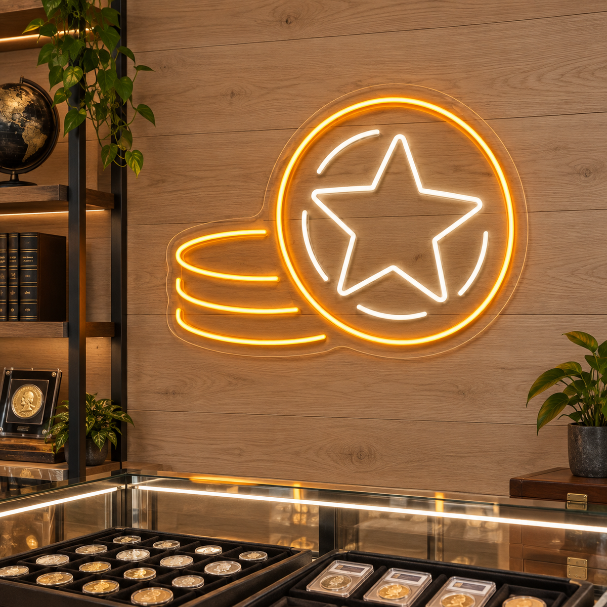 Star Coin Stack LED Neon Sign for Coin Collectors - interior setting
