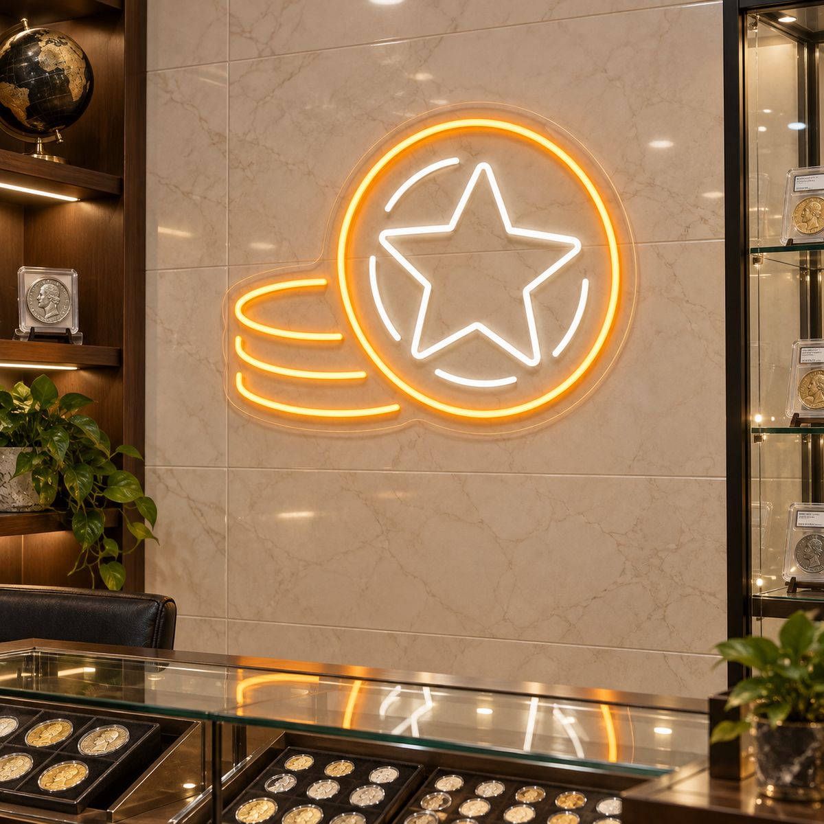 Star Coin Stack LED Neon Sign for Coin Collectors - interior setting