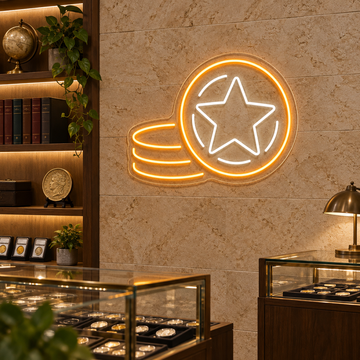 Star Coin Stack LED Neon Sign for Coin Collectors - interior setting