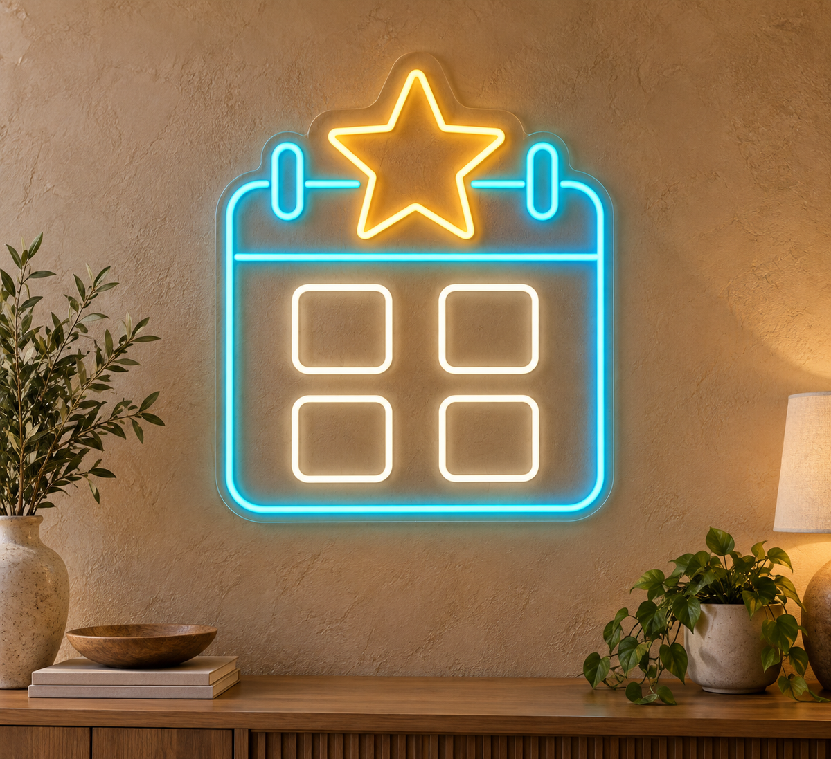 Star-Topped Calendar LED Neon Sign for Event Planners - design reference