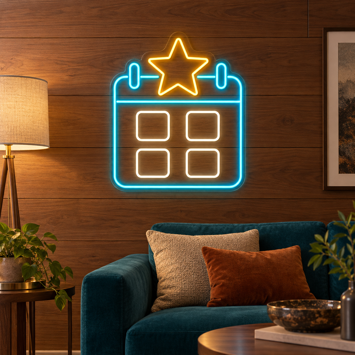 Star-Topped Calendar LED Neon Sign for Event Planners - interior setting