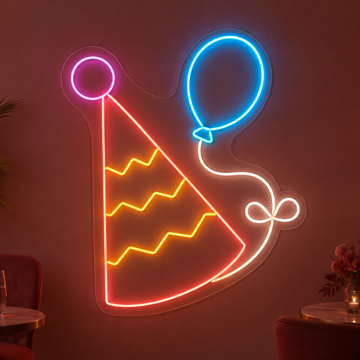 Party Hat & Balloon LED Neon Sign for Kids' Party Venues - design reference