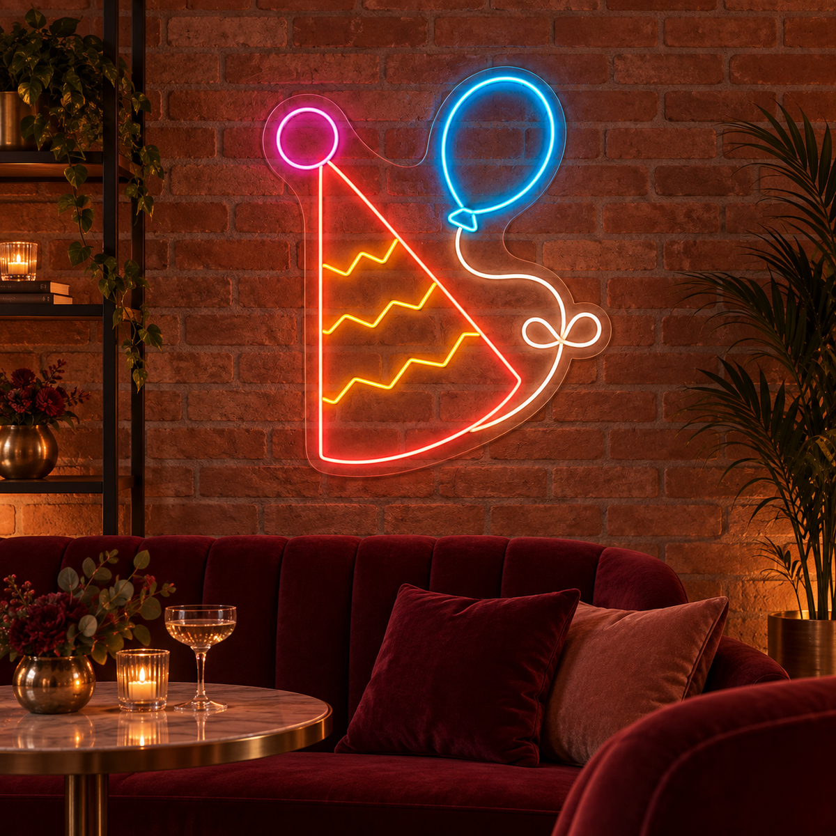 Party Hat & Balloon LED Neon Sign for Kids' Party Venues - interior setting