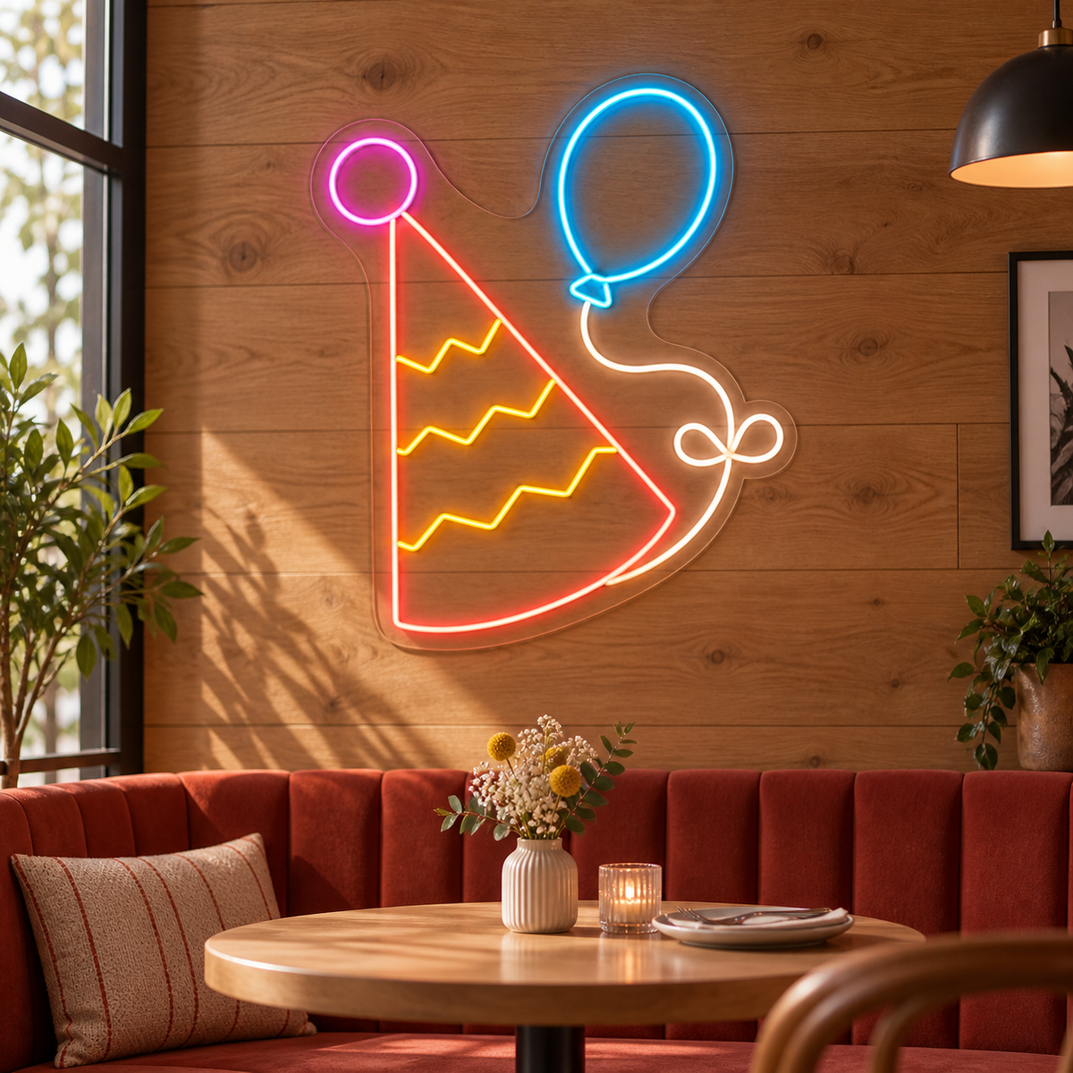Party Hat & Balloon LED Neon Sign for Kids' Party Venues - interior setting