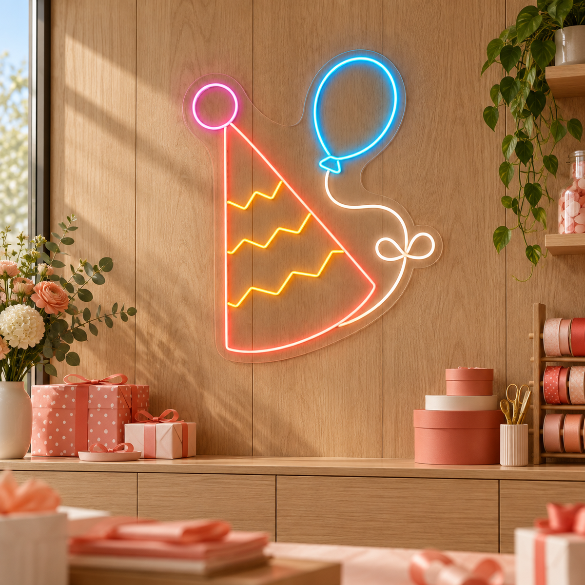 Party Hat & Balloon LED Neon Sign for Kids' Party Venues - interior setting
