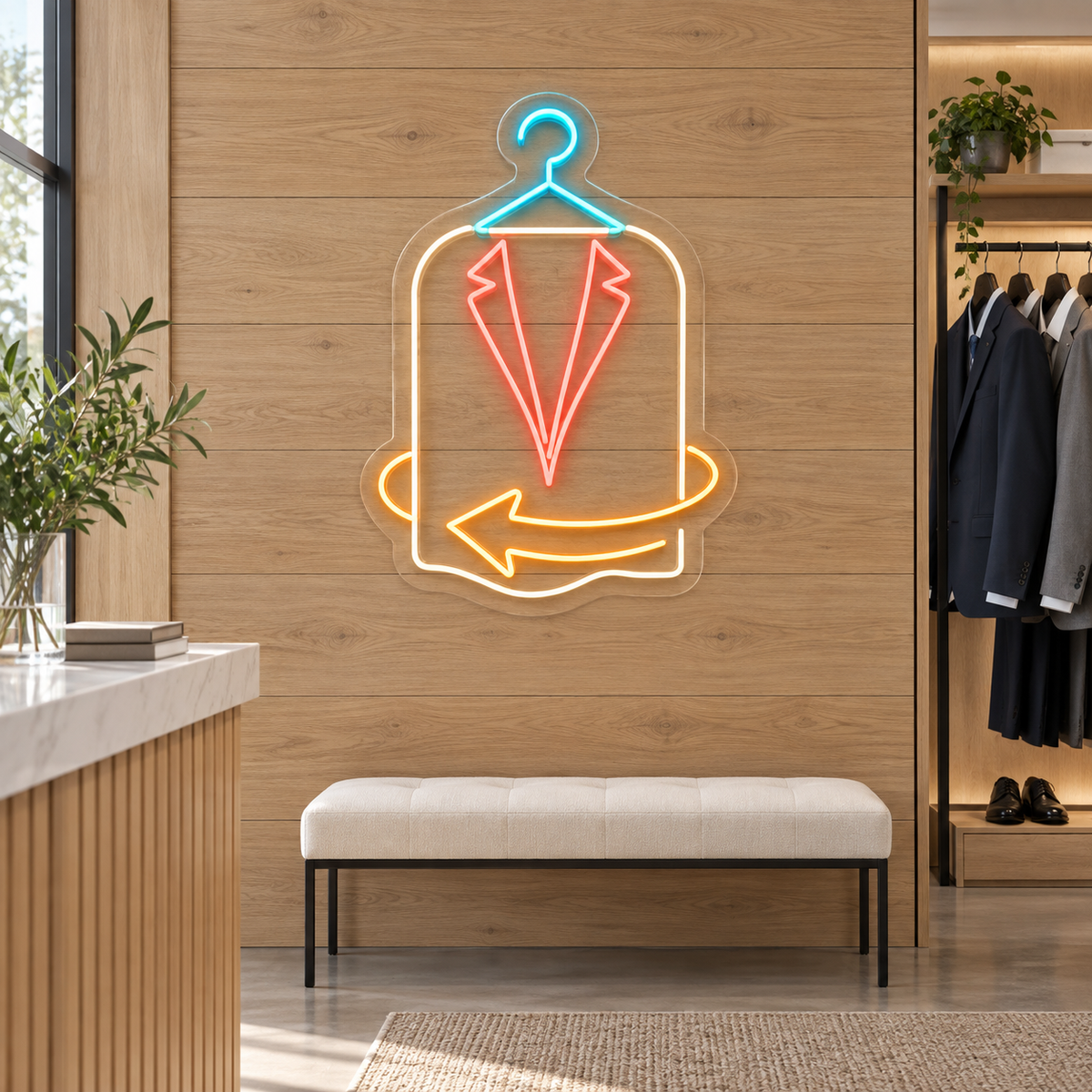 Suit & Return Arrow LED Neon Sign for Formalwear Rental Shops - interior setting