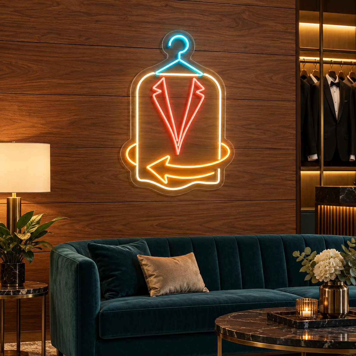 Suit & Return Arrow LED Neon Sign for Formalwear Rental Shops - interior setting