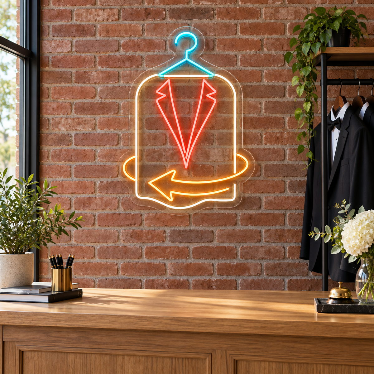 Suit & Return Arrow LED Neon Sign for Formalwear Rental Shops - interior setting