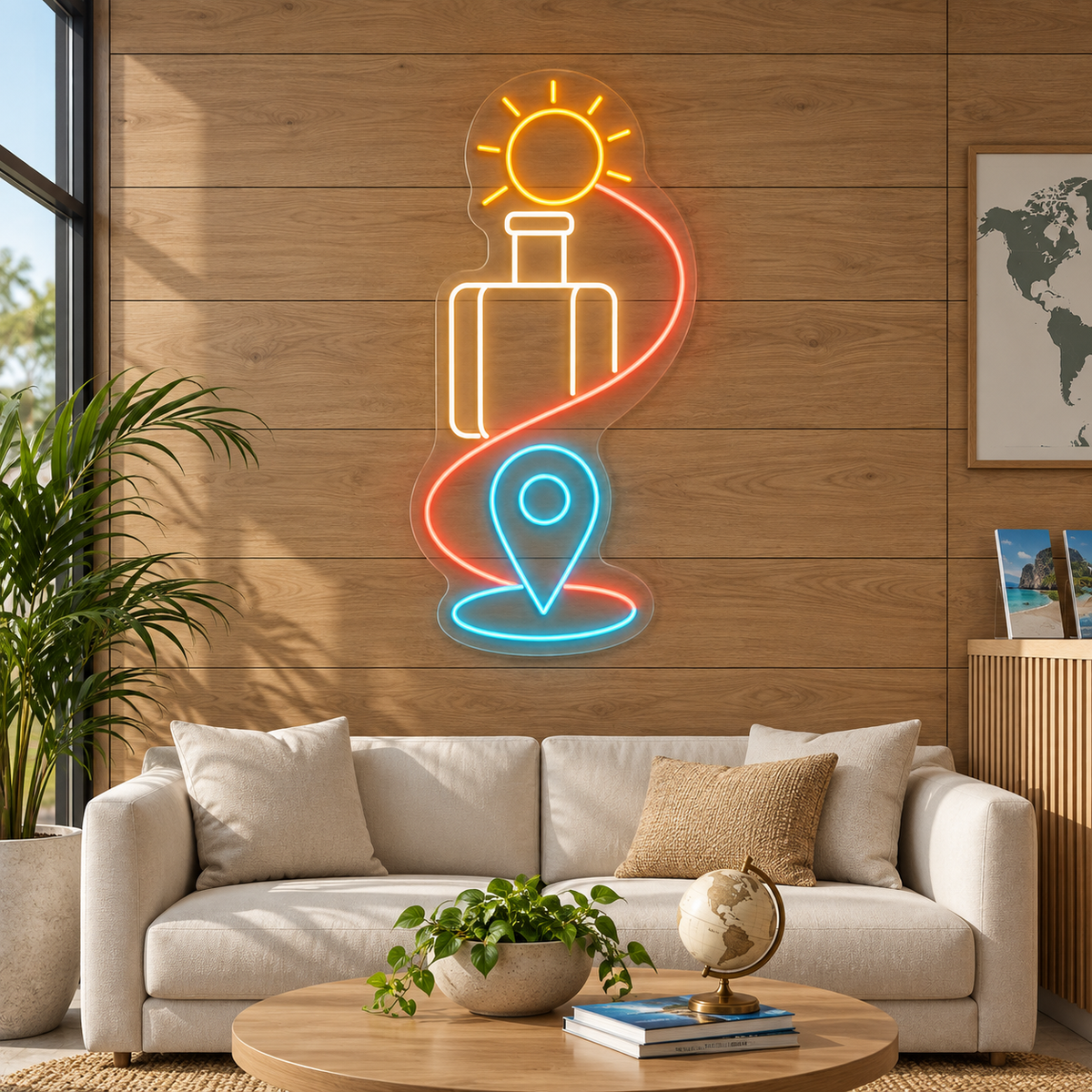 Sun & Suitcase LED Neon Sign for Travel Agencies - interior setting