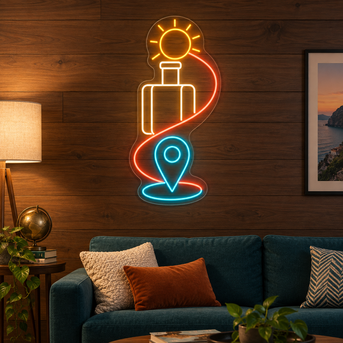 Sun & Suitcase LED Neon Sign for Travel Agencies - interior setting