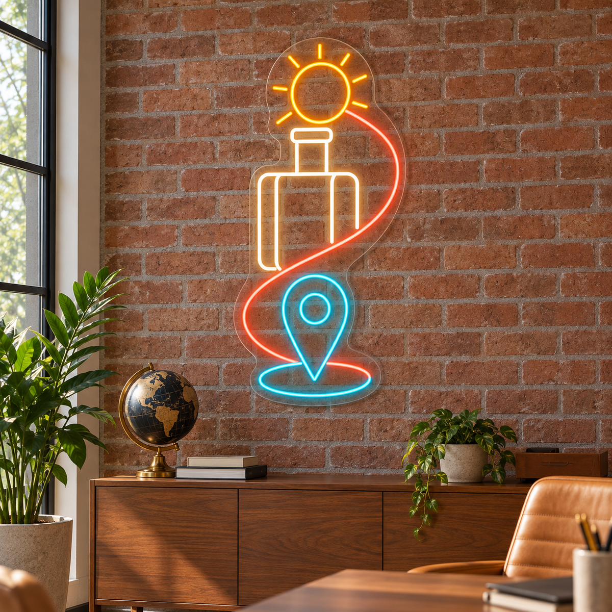 Sun & Suitcase LED Neon Sign for Travel Agencies - interior setting