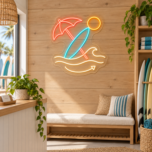 Surfboard & Beach Umbrella LED Neon Sign for Beach Rental Shops - interior setting