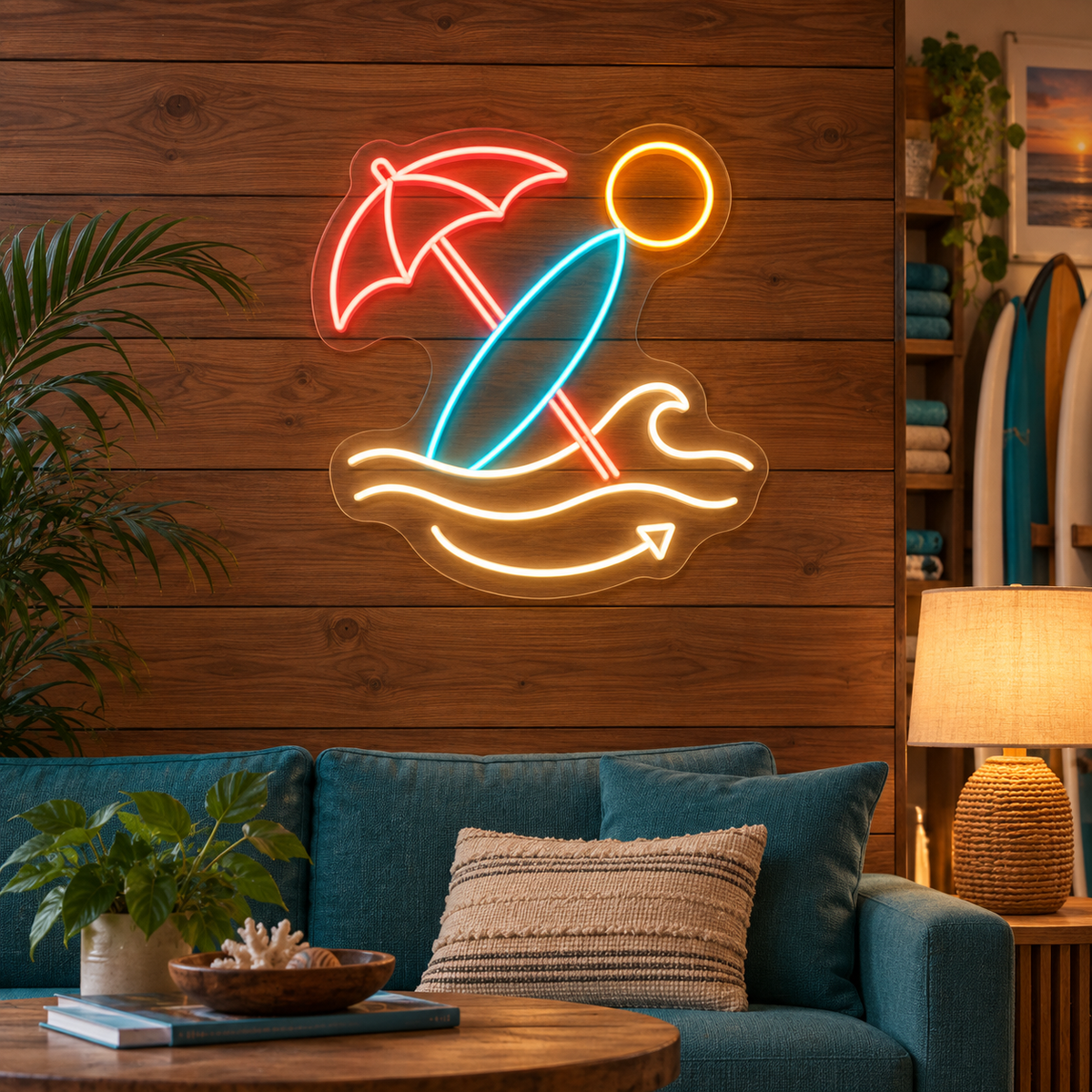 Surfboard & Beach Umbrella LED Neon Sign for Beach Rental Shops - interior setting