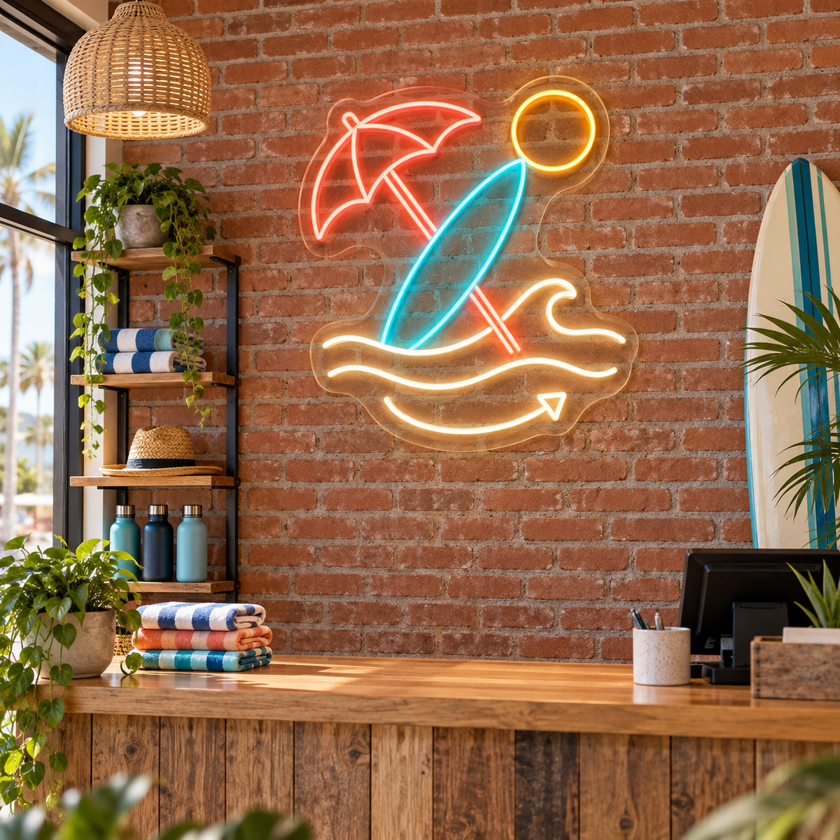 Surfboard & Beach Umbrella LED Neon Sign for Beach Rental Shops - interior setting