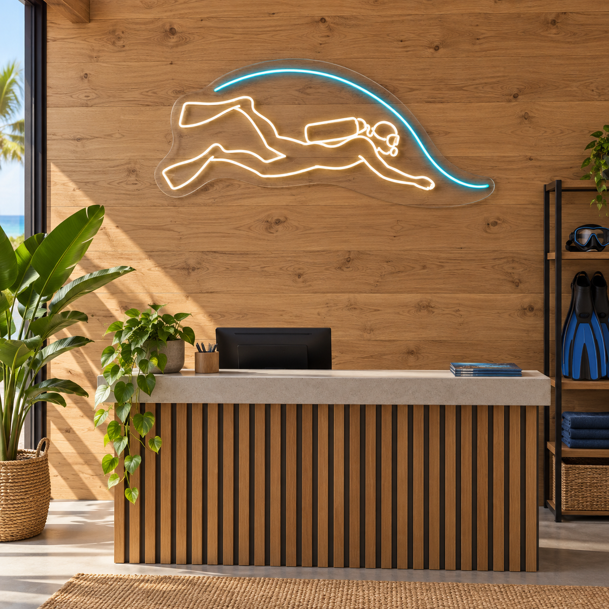 Scuba Diver & Wave LED Neon Sign for Dive Centers - interior setting