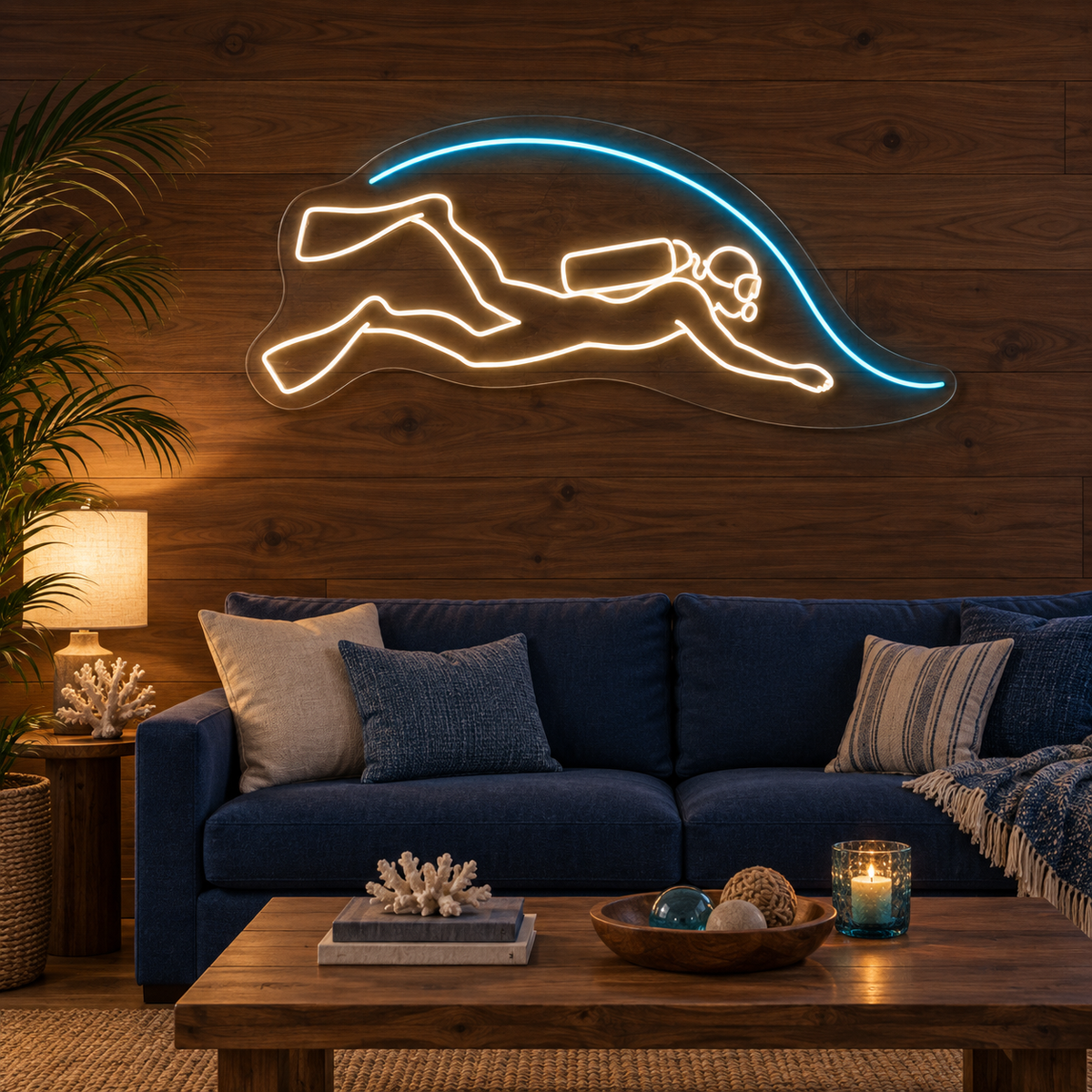 Scuba Diver & Wave LED Neon Sign for Dive Centers - interior setting