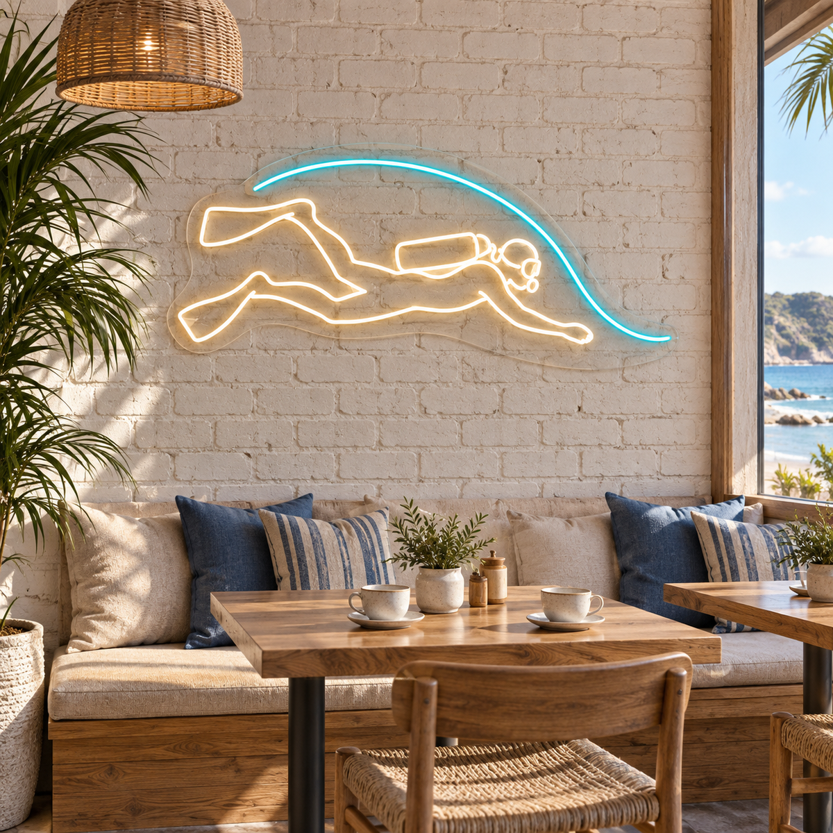 Scuba Diver & Wave LED Neon Sign for Dive Centers - interior setting