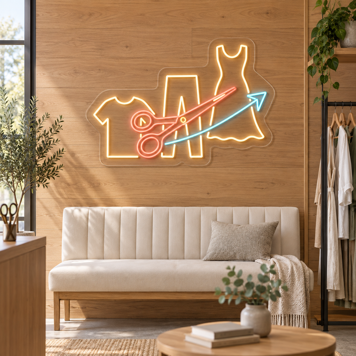 Scissors & Garments LED Neon Sign for Alteration Shops - interior setting