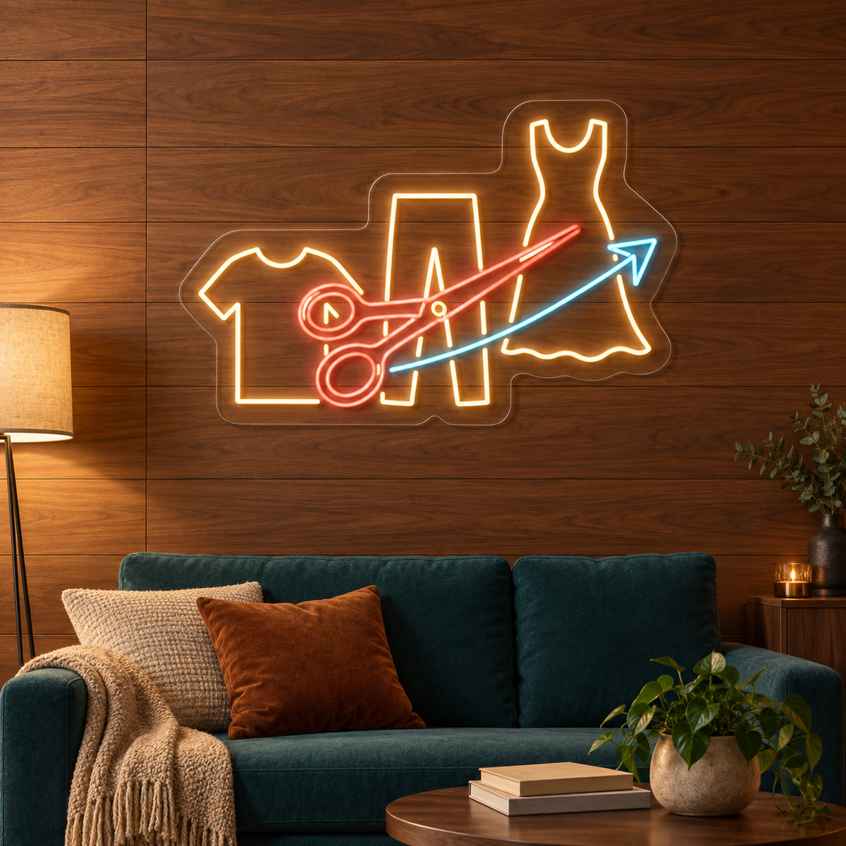 Scissors & Garments LED Neon Sign for Alteration Shops - interior setting