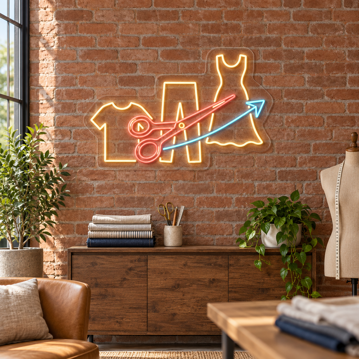 Scissors & Garments LED Neon Sign for Alteration Shops - interior setting