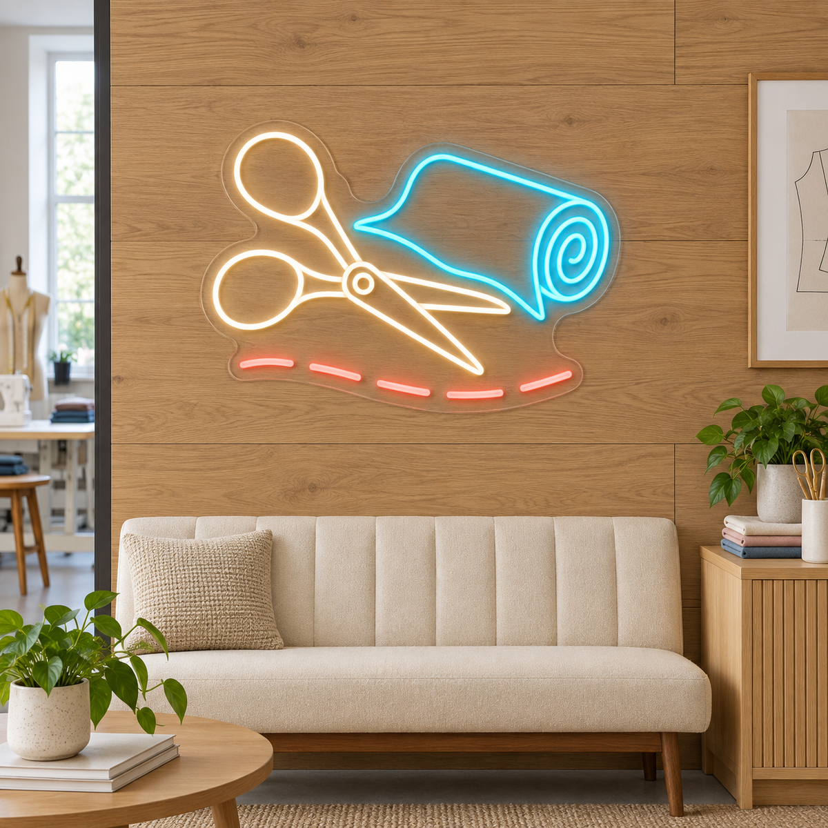 Tailoring Scissors & Fabric Roll LED Neon Sign for Sewing Schools - interior setting