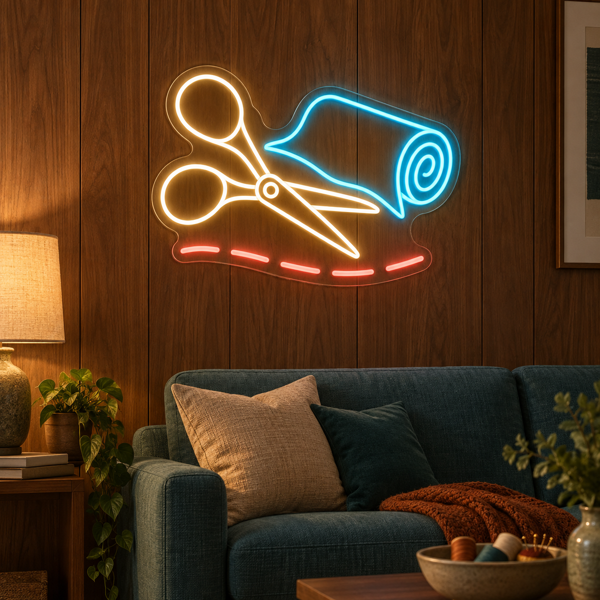 Tailoring Scissors & Fabric Roll LED Neon Sign for Sewing Schools - interior setting