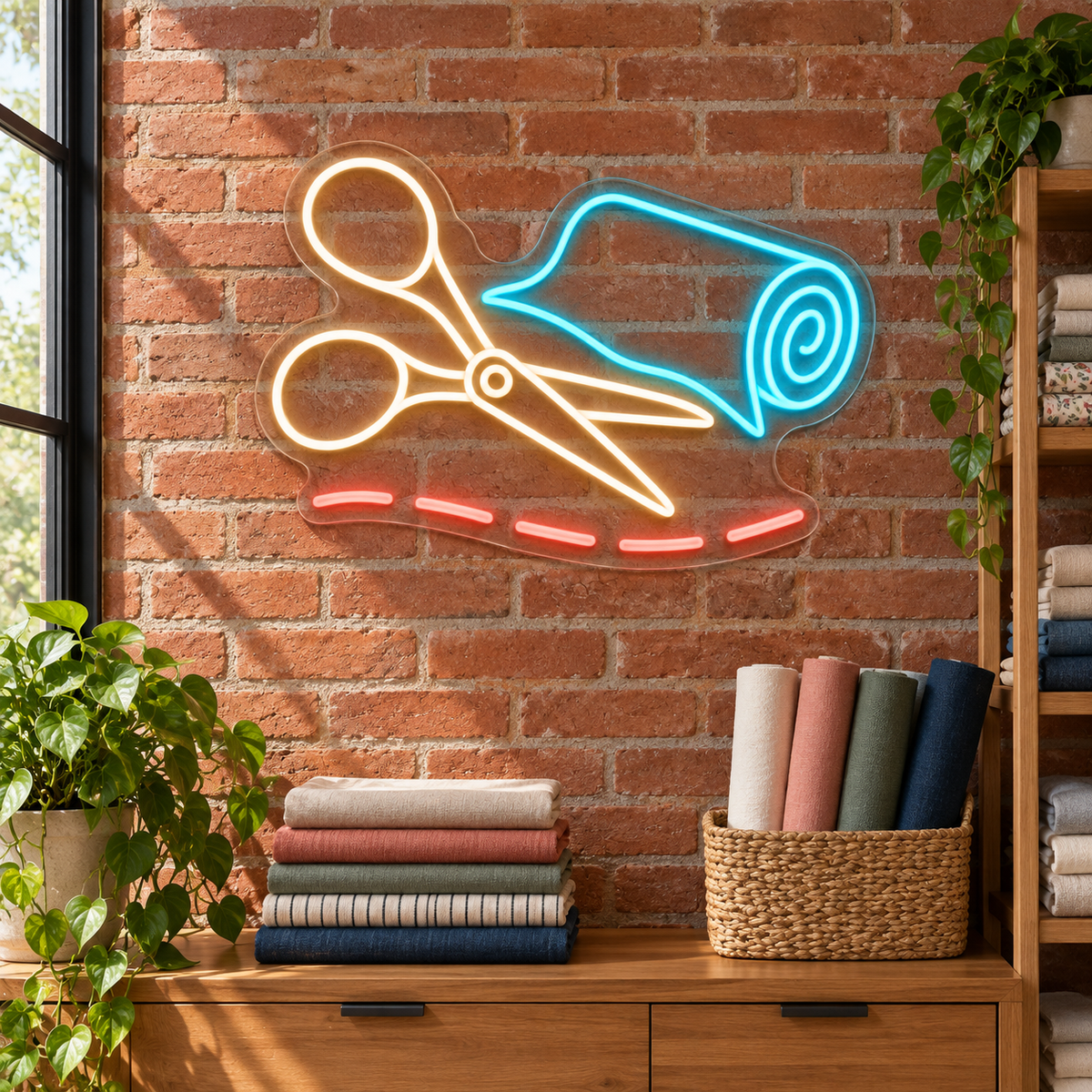Tailoring Scissors & Fabric Roll LED Neon Sign for Sewing Schools - interior setting