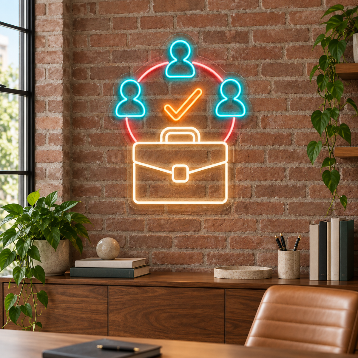 Team Network & Briefcase LED Neon Sign for Staffing Agencies - interior setting