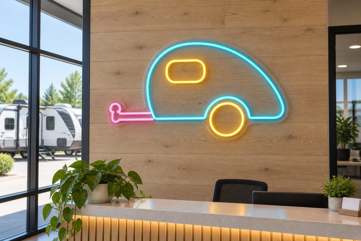 Teardrop Camper Trailer LED Neon Sign for Camping Lounges - interior setting