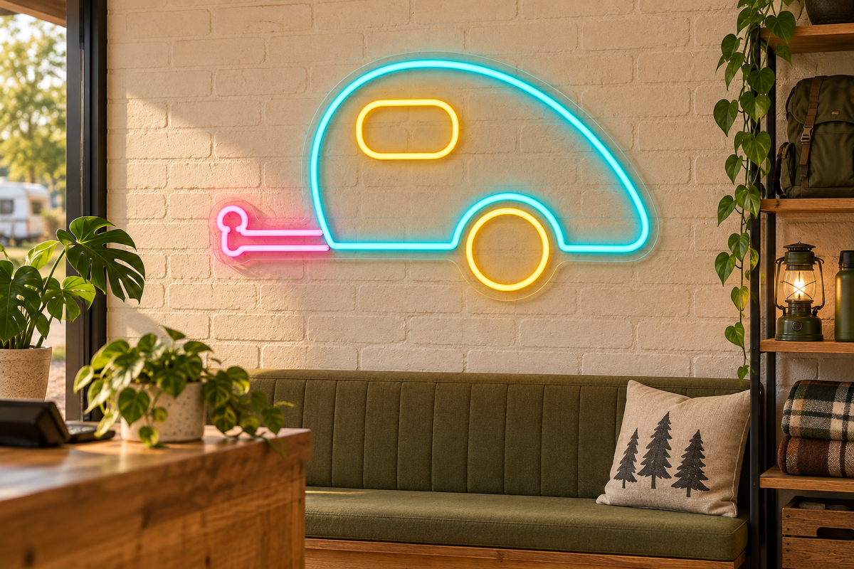 Teardrop Camper Trailer LED Neon Sign for Camping Lounges - interior setting