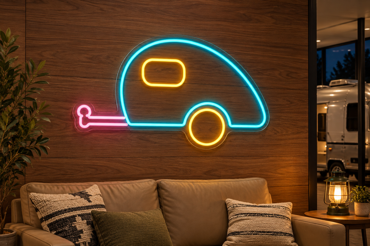 Teardrop Camper Trailer LED Neon Sign for Camping Lounges - interior setting