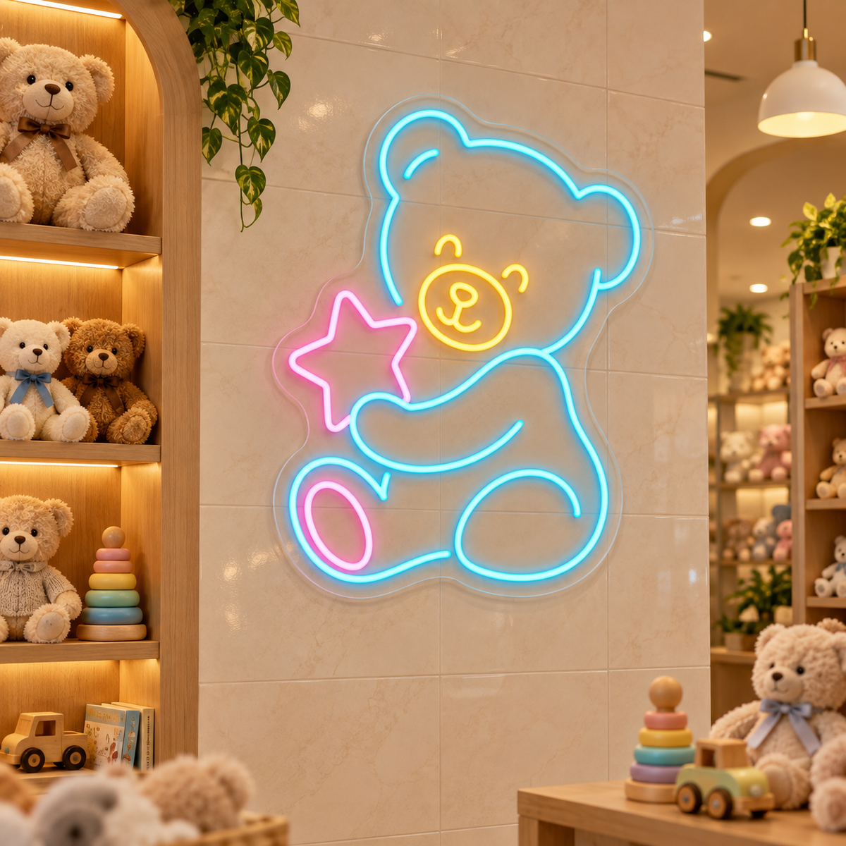 Teddy Bear Holding Star LED Neon Sign for Toy Shops - interior setting
