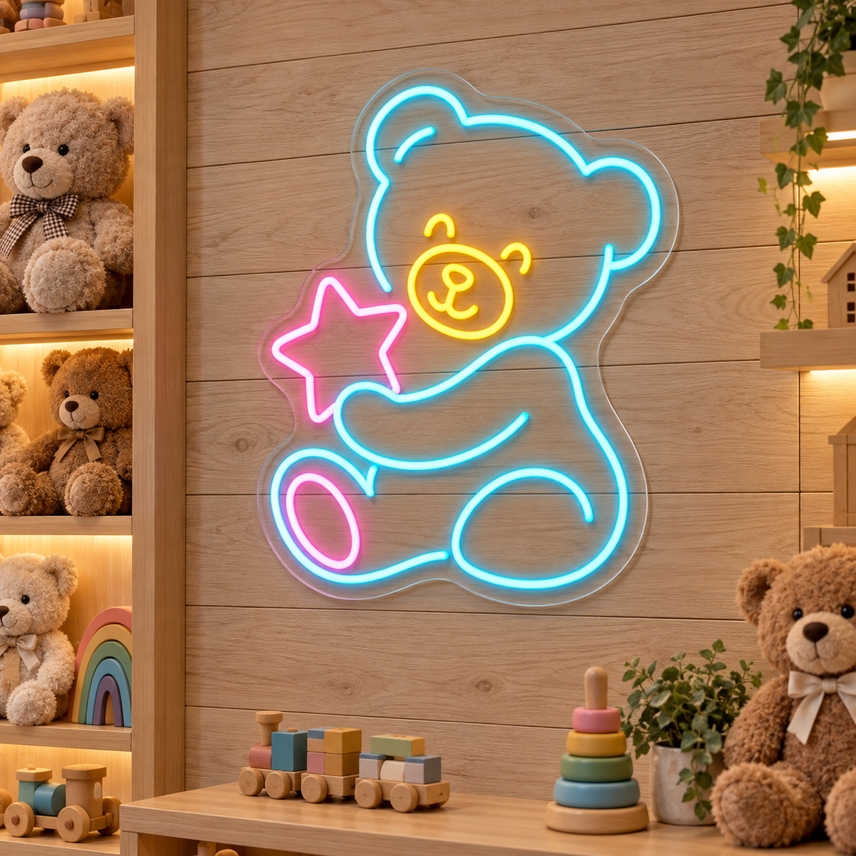 Teddy Bear Holding Star LED Neon Sign for Toy Shops - interior setting