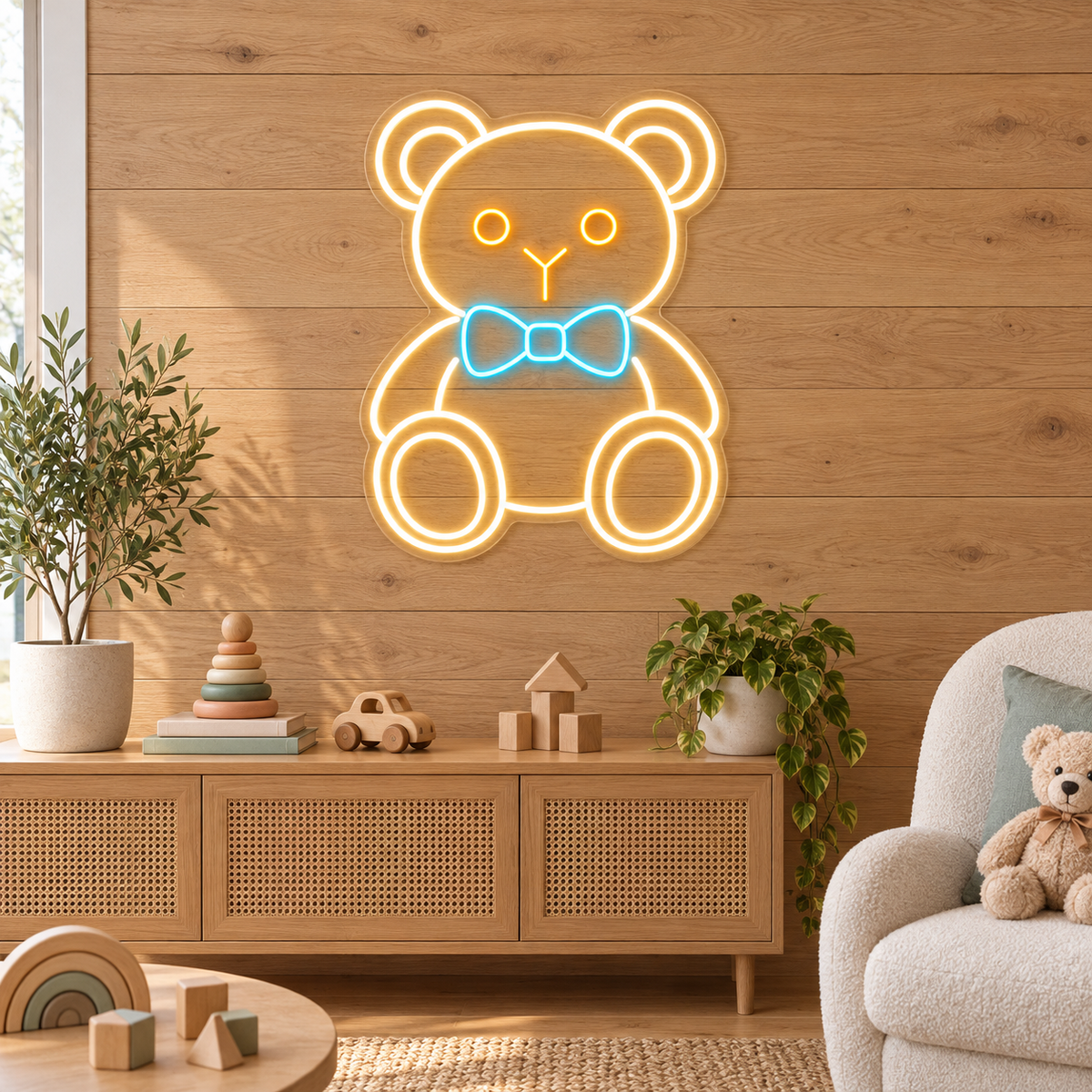 Teddy Bear & Bow Tie LED Neon Sign for Indoor Playgrounds - interior setting