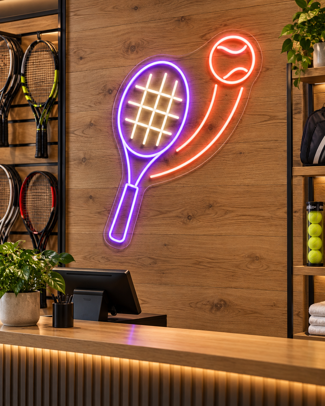 Tennis Racket and Flying Ball LED Neon Sign for Tennis Spaces - interior setting