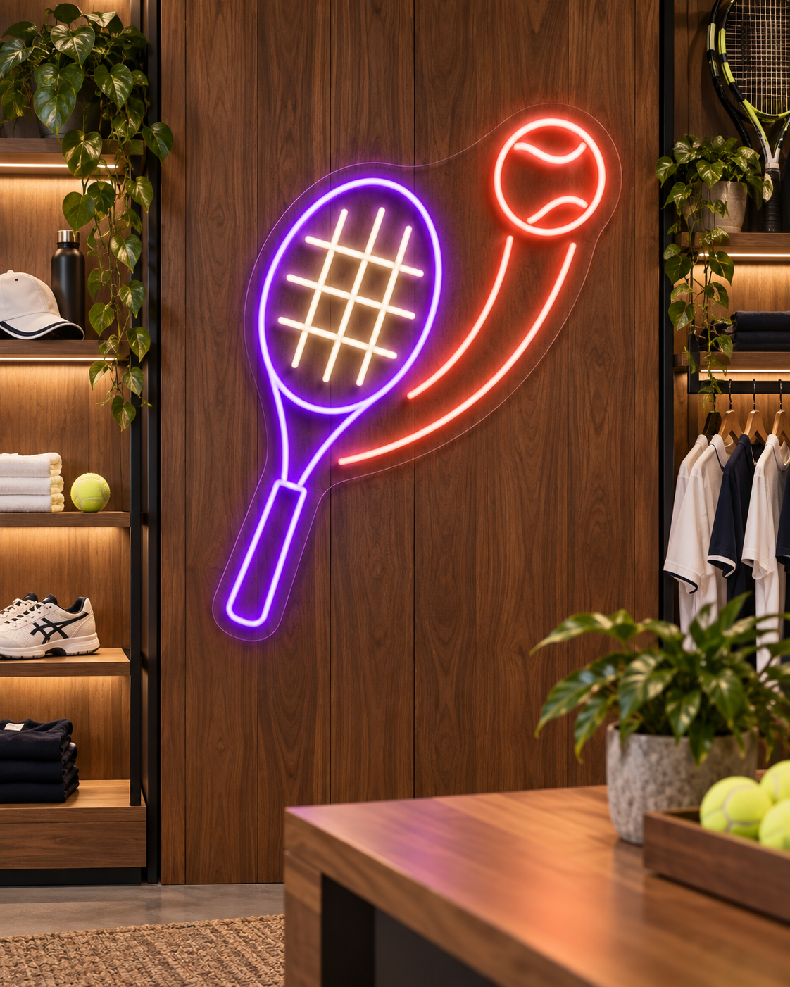 Tennis Racket and Flying Ball LED Neon Sign for Tennis Spaces - interior setting